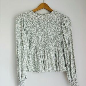 A New Day Green & White Floral Smocked Top Size Md Ruching Long Full Sleeve